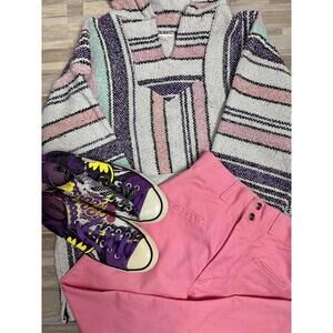 Pastel Baja Hoodie Poncho Striped Mexican Blanket Pullover Soft Grunge Size L